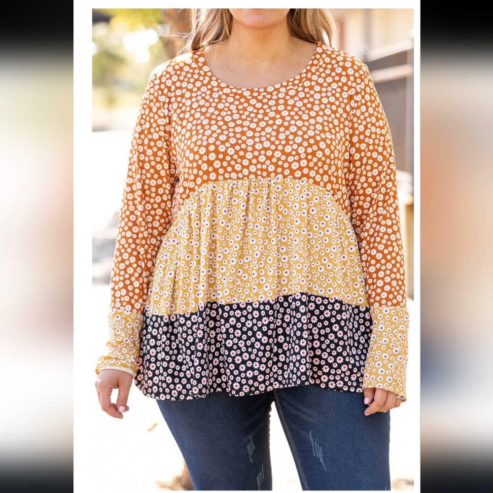 Plus Ditzy Floral Rib Color Block Babydoll Top 2X NWOT